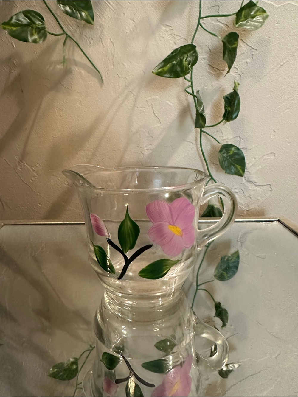 Hand-Painted Glass Pitcher with Pink Floral Design